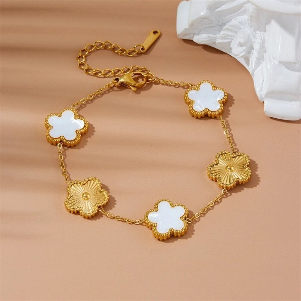 Gold-Toned Stainless Steel White & Gold Flower Motif Bracelet